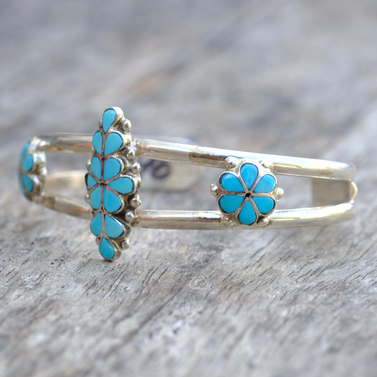 Vintage Sterling Turquoise Flower Inlay Cuff Bracelet