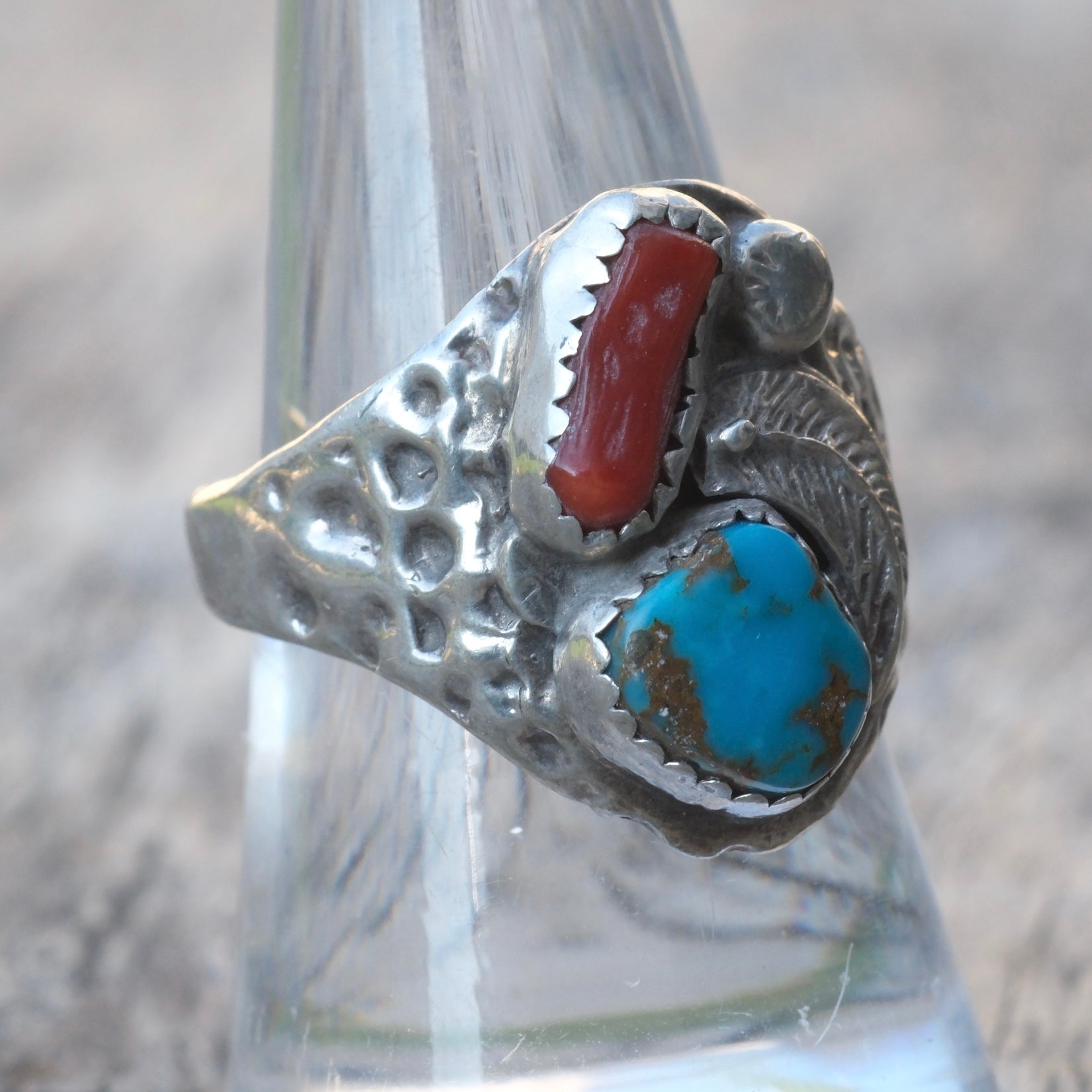 Vintage Sterling Turquoise and Coral Feather Ring 8.5
