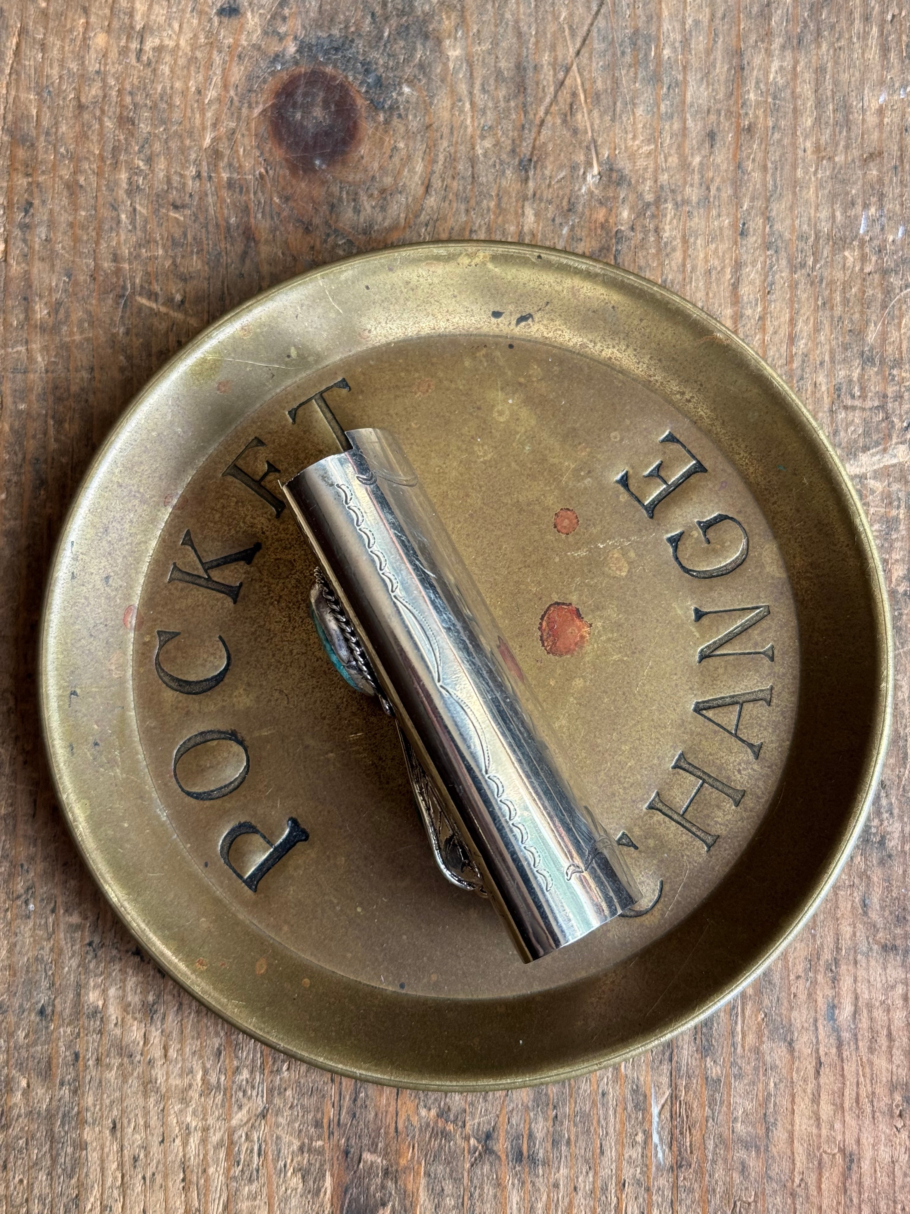 Vintage Stamped Nickel & Sterling Silver Turquoise Lighter Case
