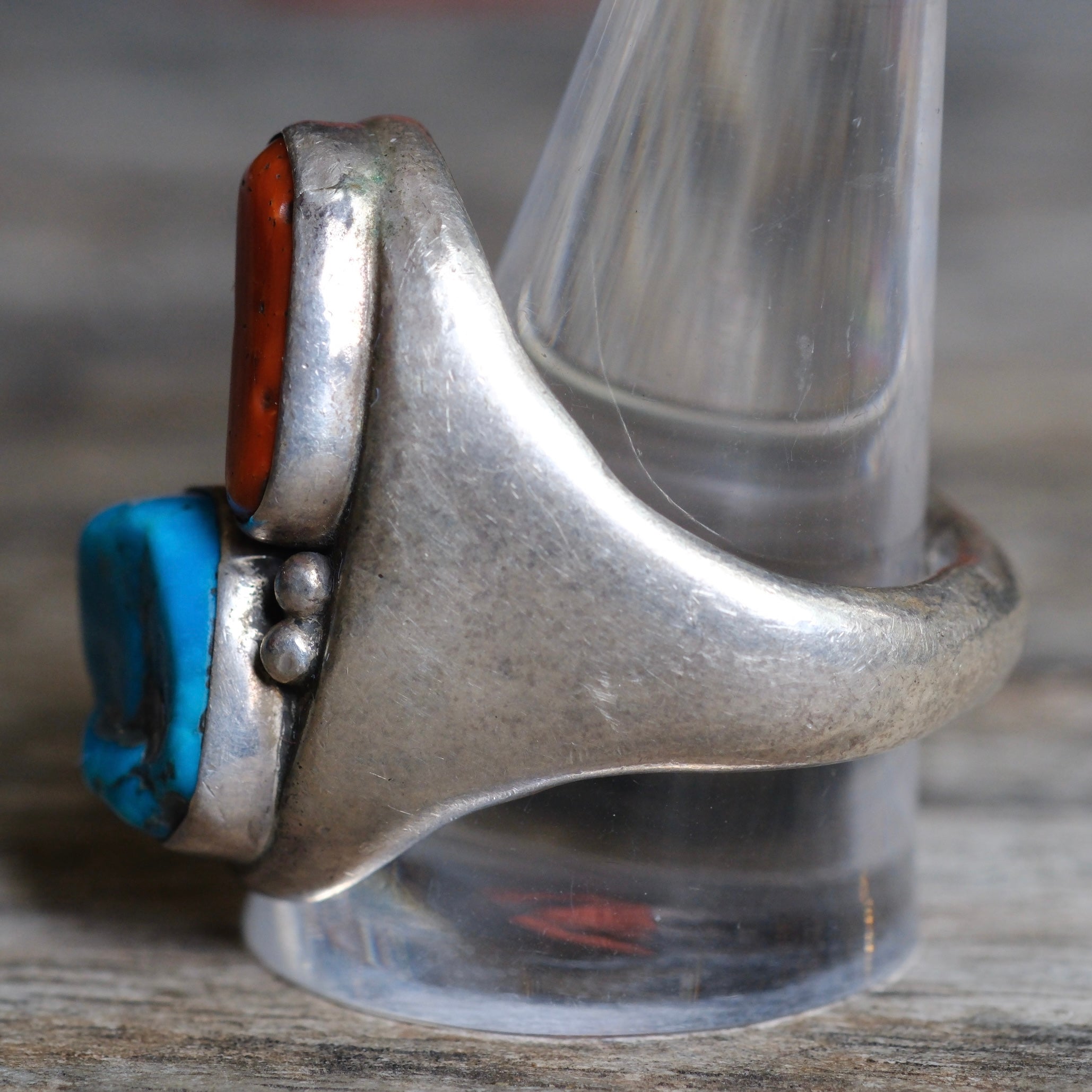 Vintage Sterling Turquoise and Coral Ring 11.5