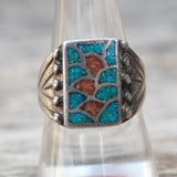 Vintage Sterling Turquoise and Coral Inlay Ring 9.25
