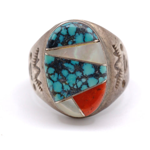 Vintage Sterling Multistone Inlay Stamped Band Ring 9