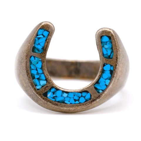 Vintage Sterling Crushed Turquoise Horseshoe Ring 10.25