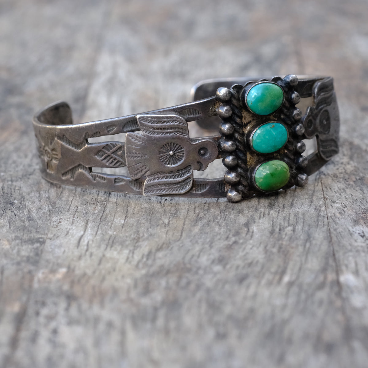 Vintage Sterling 3-Stone Turquoise Thunderbird Cuff Bracelet