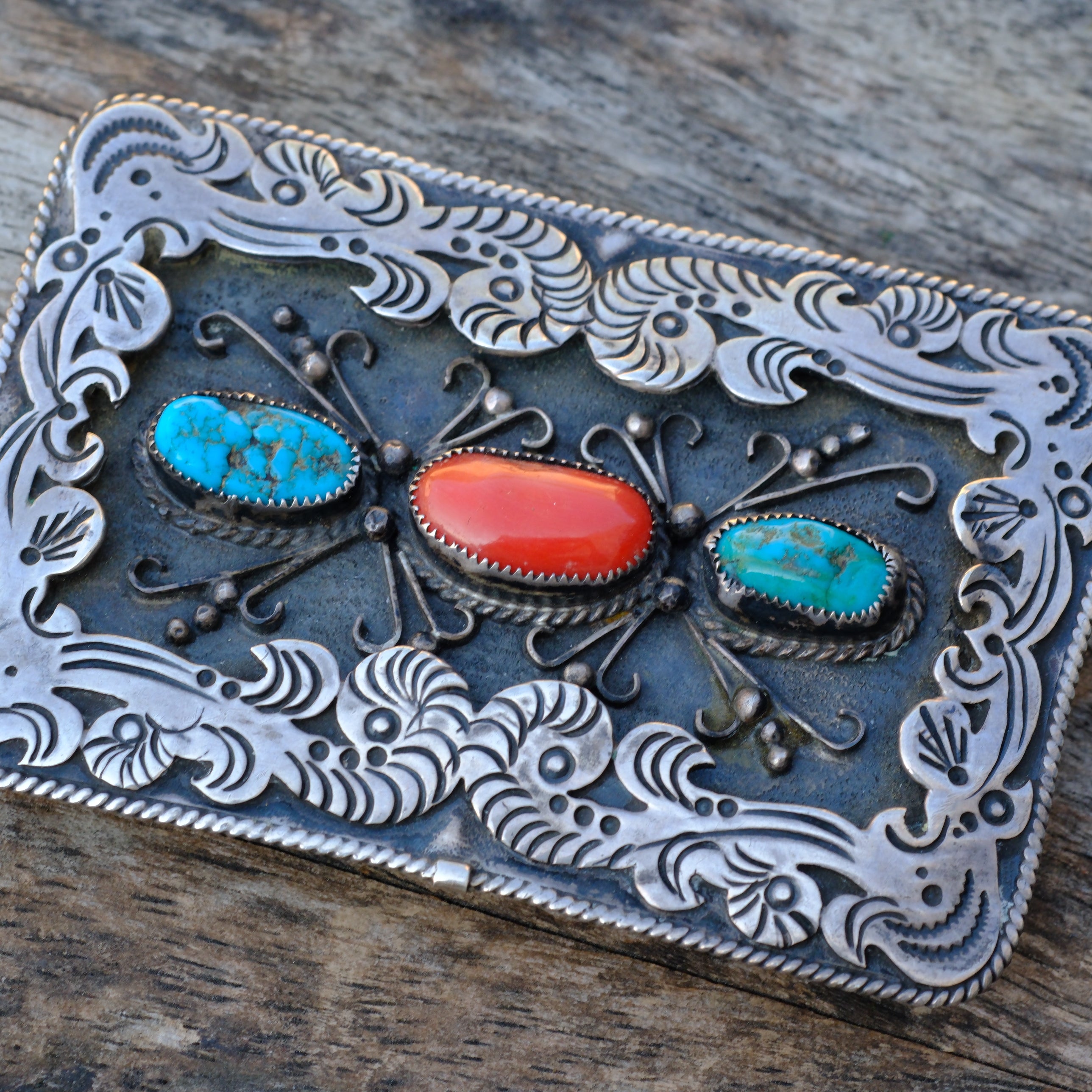 Vintage Sterling Turquoise and Coral Navajo Belt Buckle