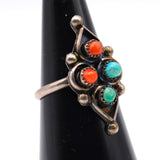 Vintage Sterling Turquoise and Coral Cluster Ring 4.5