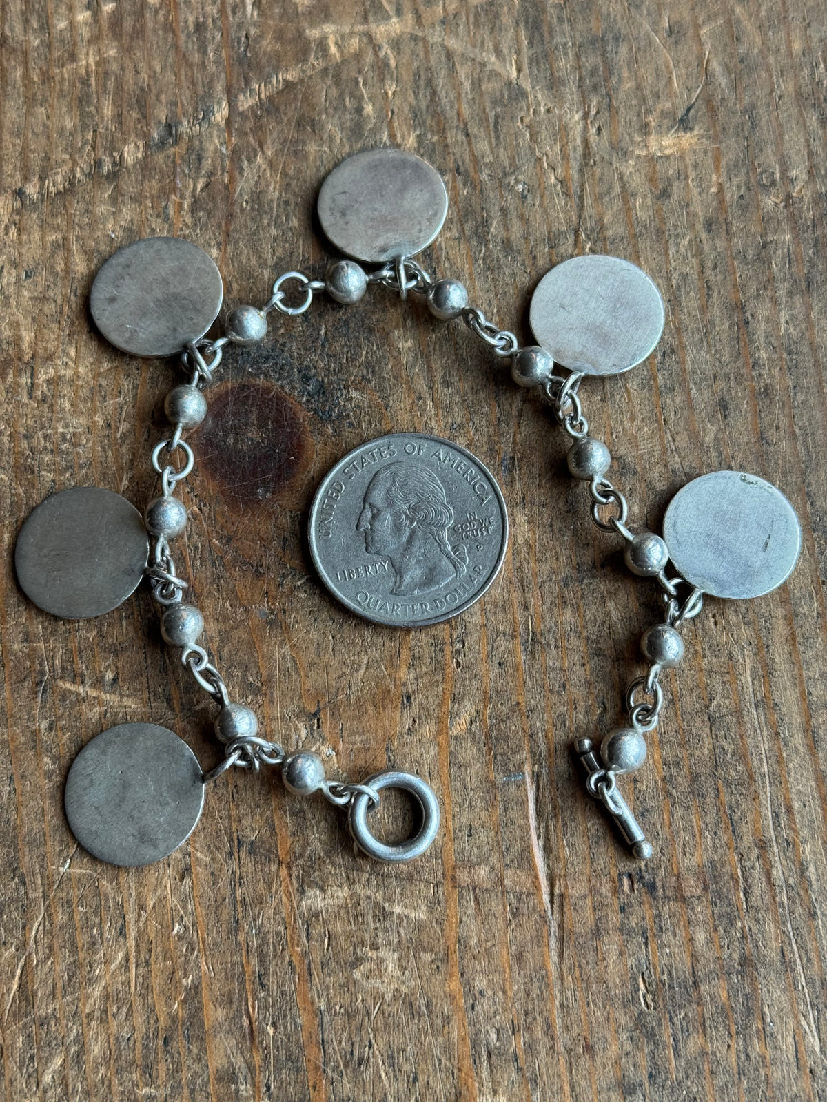 Vintage Sterling Silver Disc Charm Chain Bracelet