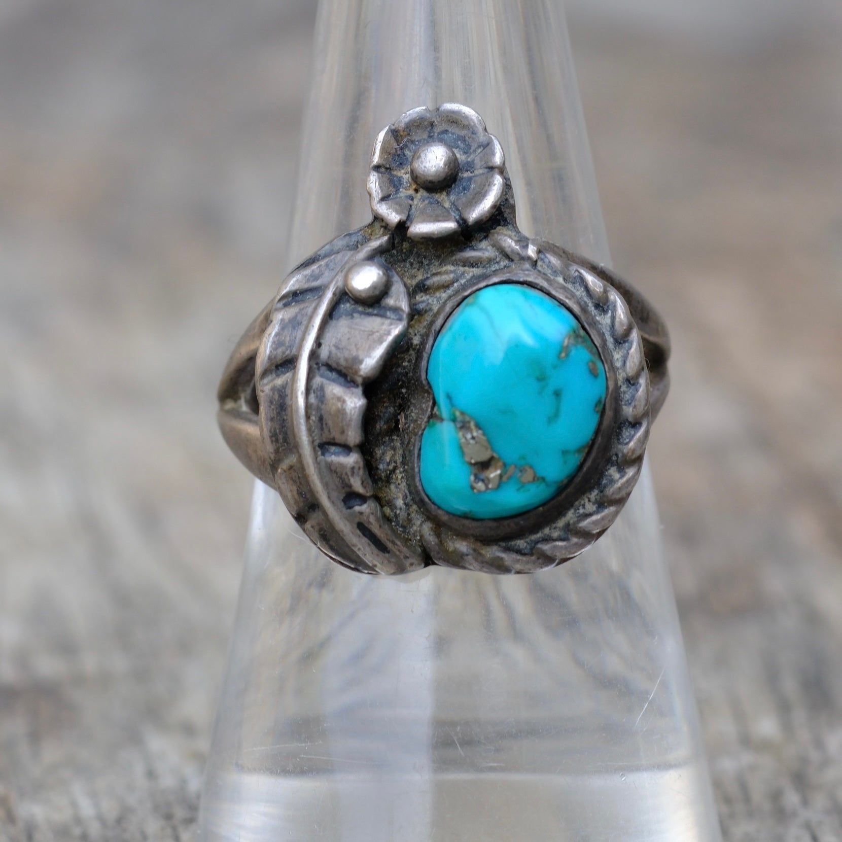 Vintage Sterling Turquoise Feather Ring 8
