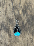 Vintage Sterling Silver Onyx & Turquoise Teardrop Inlay Necklace