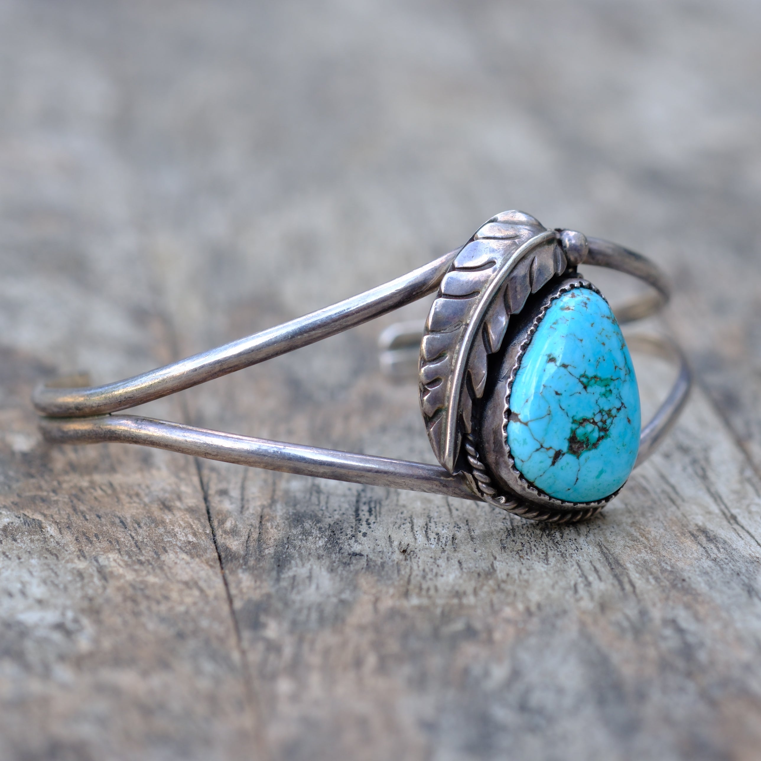 Vintage Sterling Turquoise Feather Cuff Bracelet