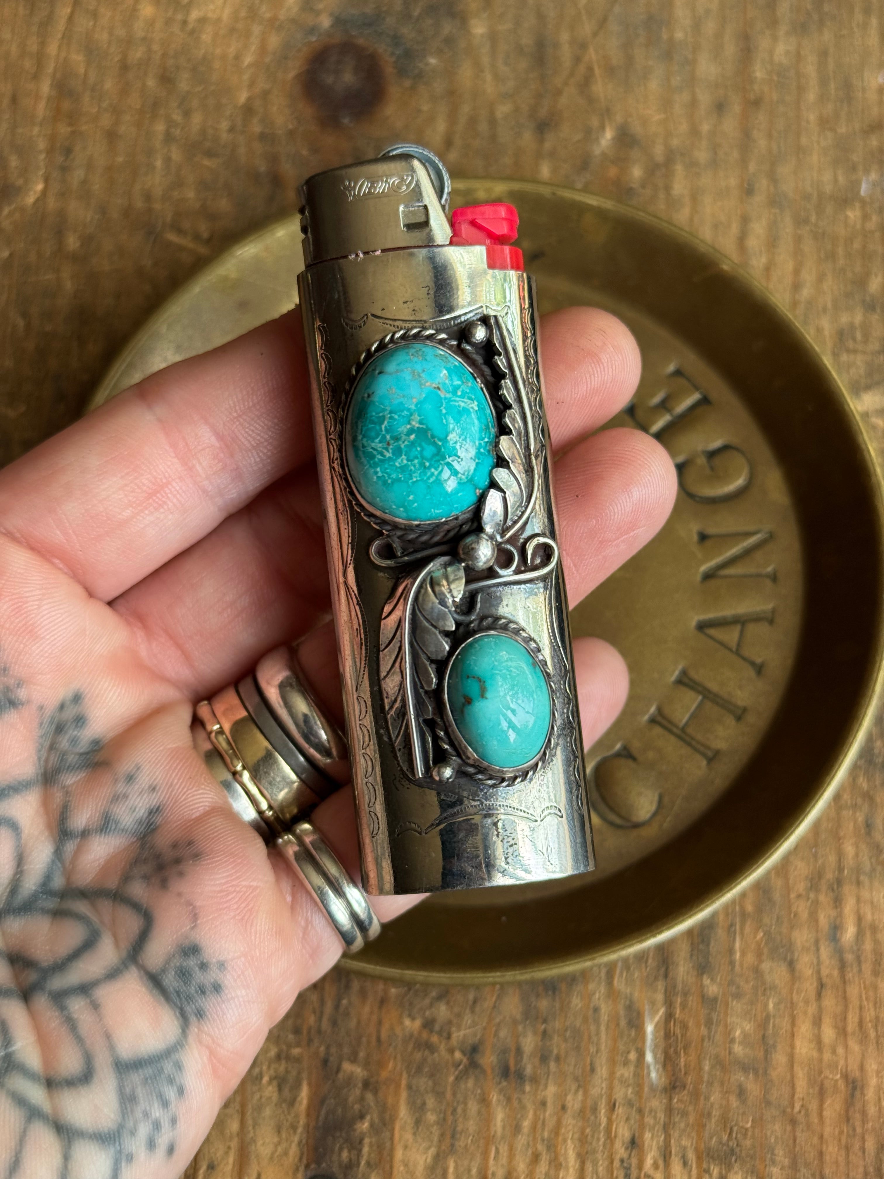 Vintage Stamped Nickel & Sterling Silver Turquoise Lighter Case