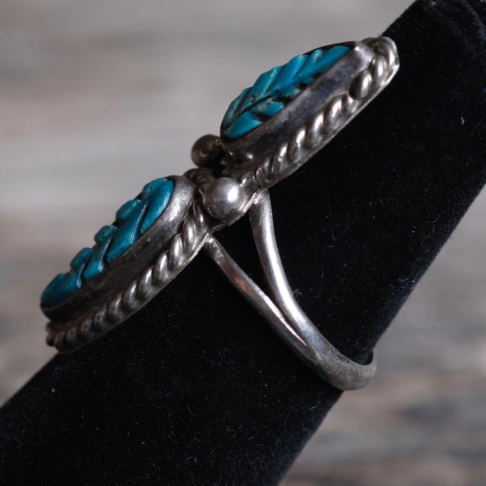 Vintage Sterling Carved 2-Stone Turquoise Ring 5.75