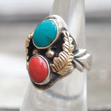 Vintage Sterling Turquoise and Coral Ring 6.25