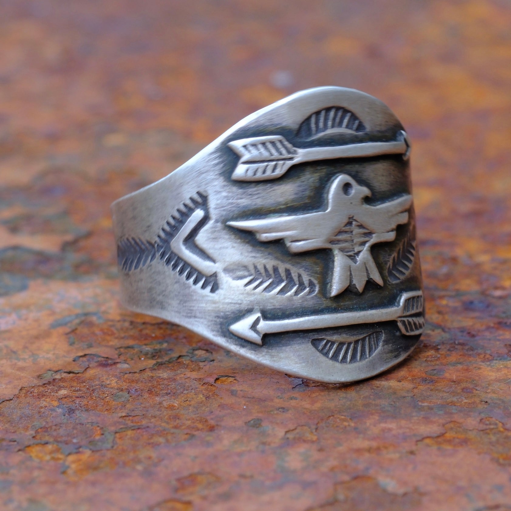 Vintage Sterling Thunderbird Cigar Band Ring 9.75