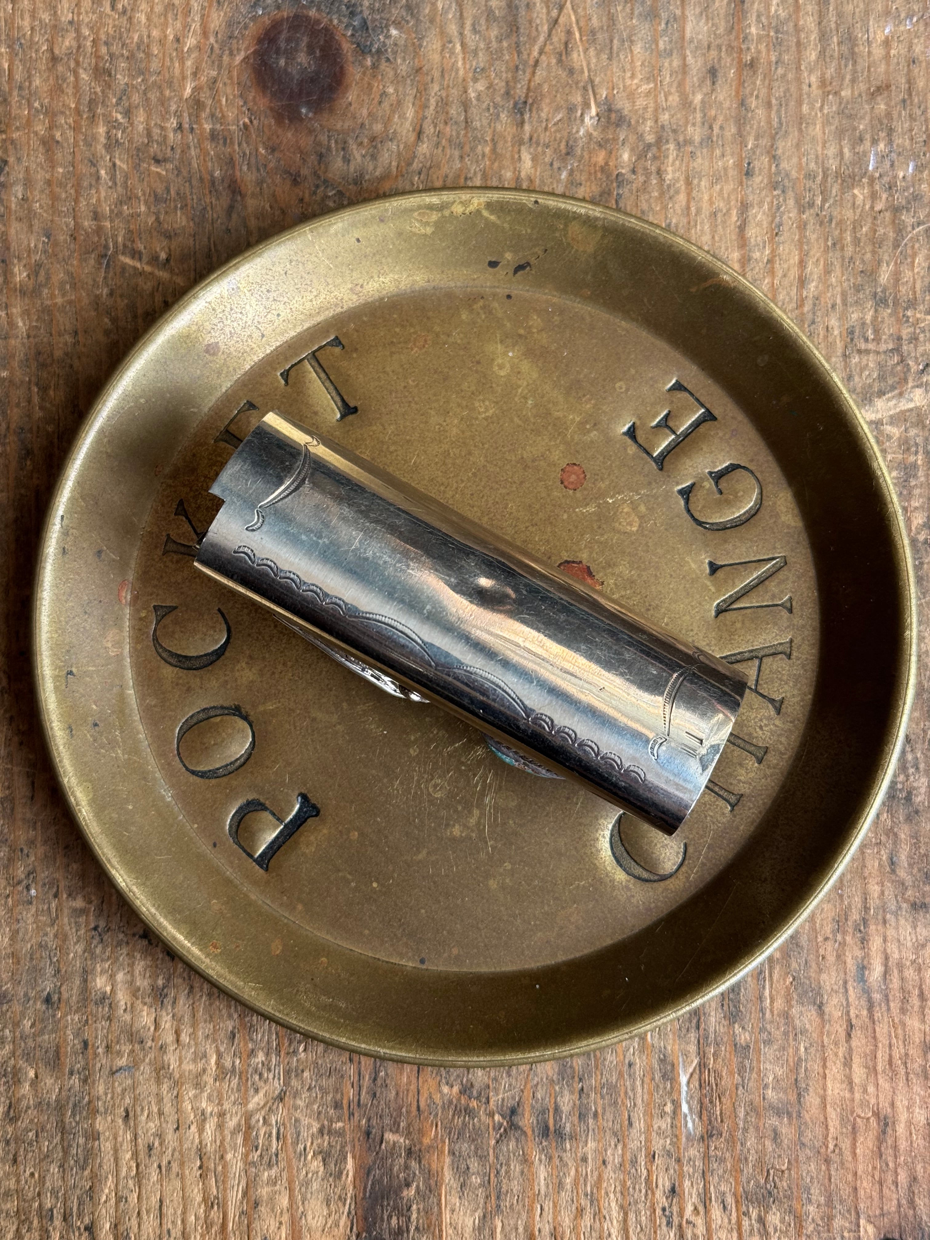 Vintage Stamped Nickel & Sterling Silver Turquoise Lighter Case