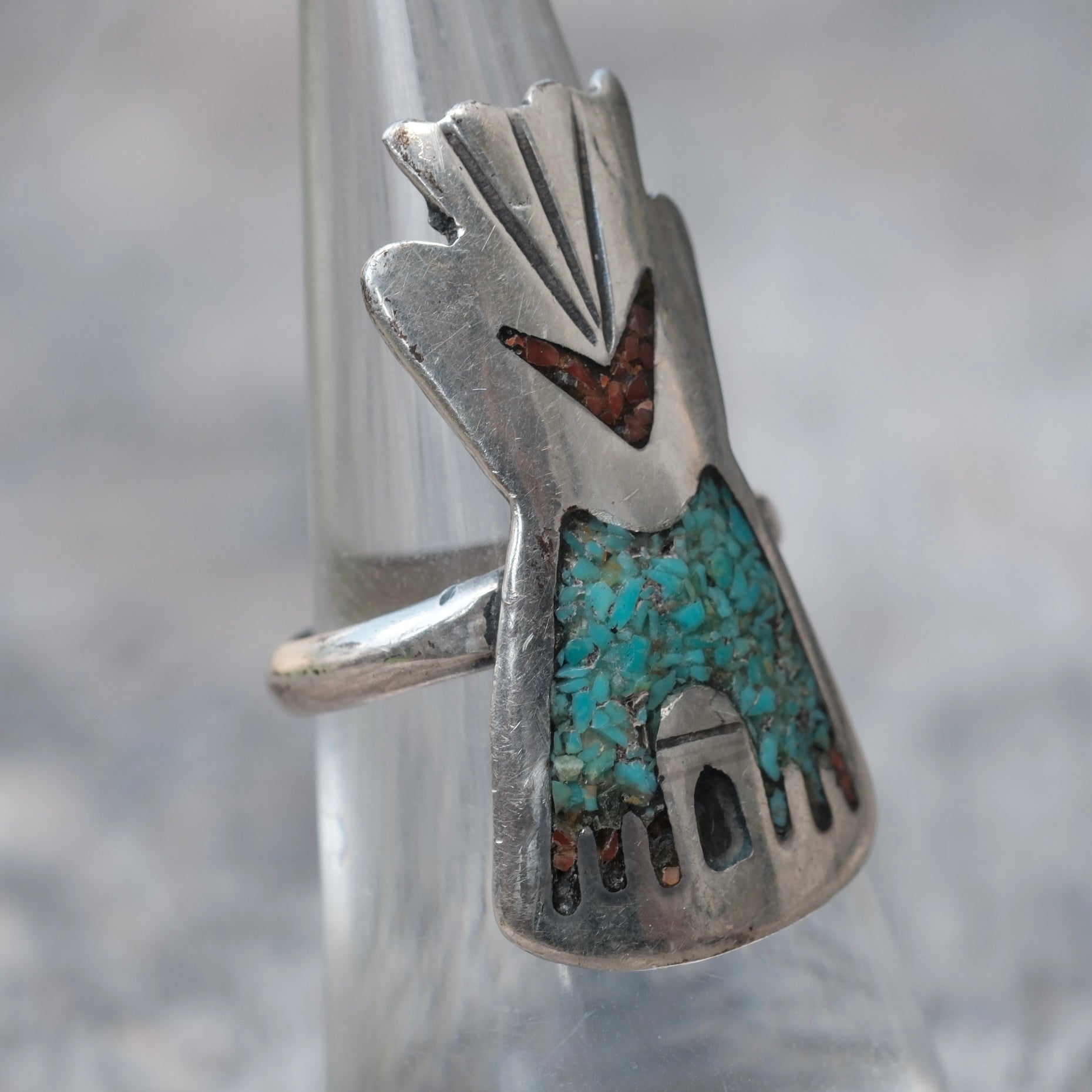 Vintage Sterling Turquoise and Coral Teepee Ring 6.75