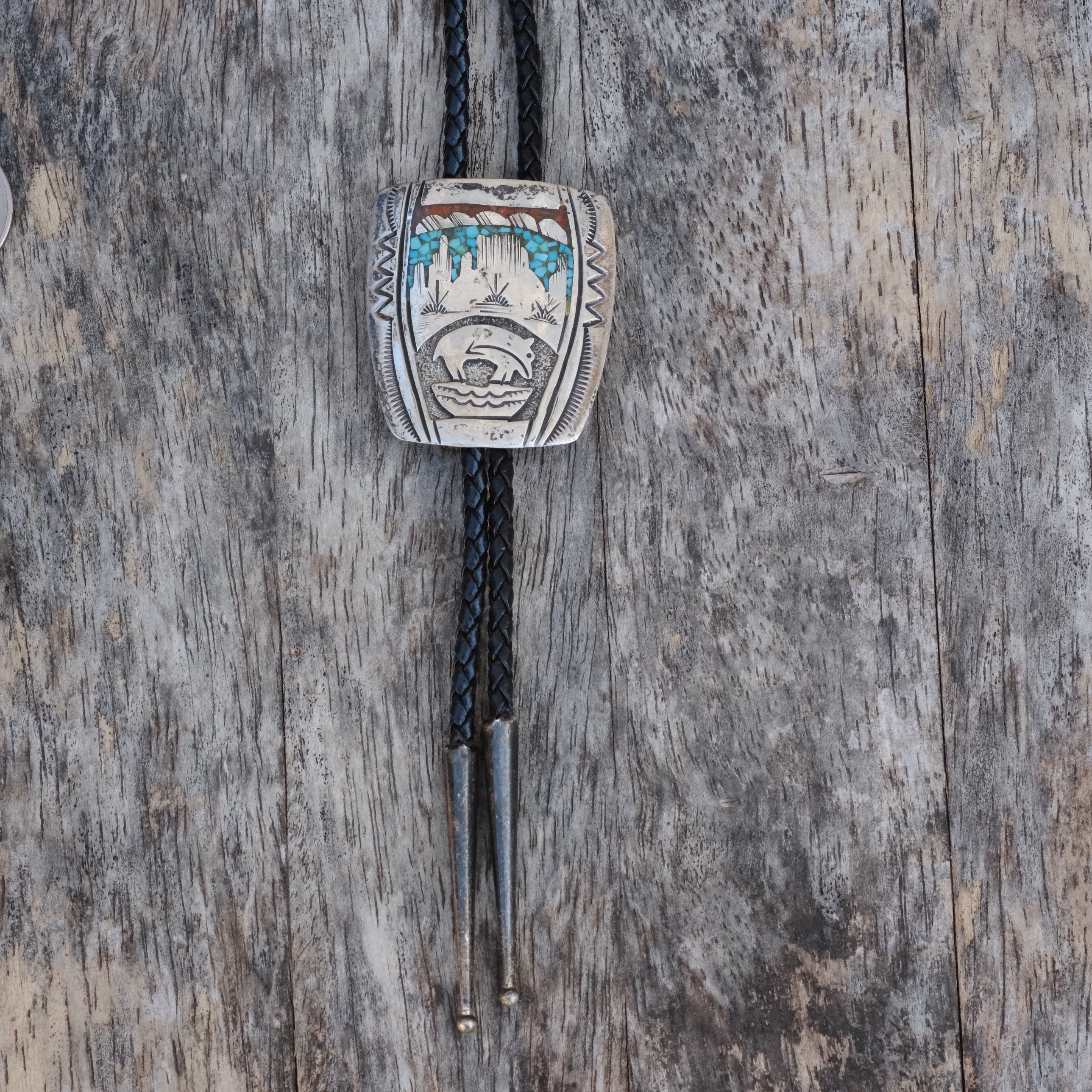 Vintage Sterling Turquoise and Coral Inlay Stamped Bolo Tie