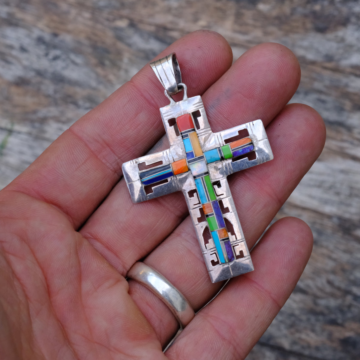 Vintage Sterling Multis Stone Double Sided Cross Pendant