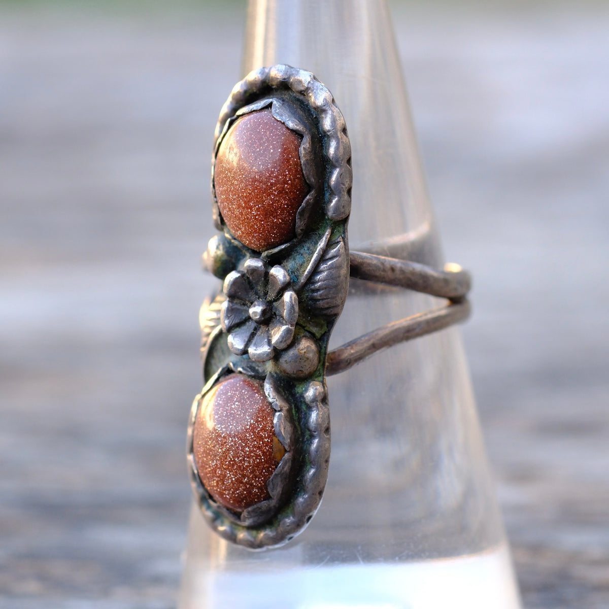 Vintage Sterling 2-Stone Goldstone Blossom Ring 7.5