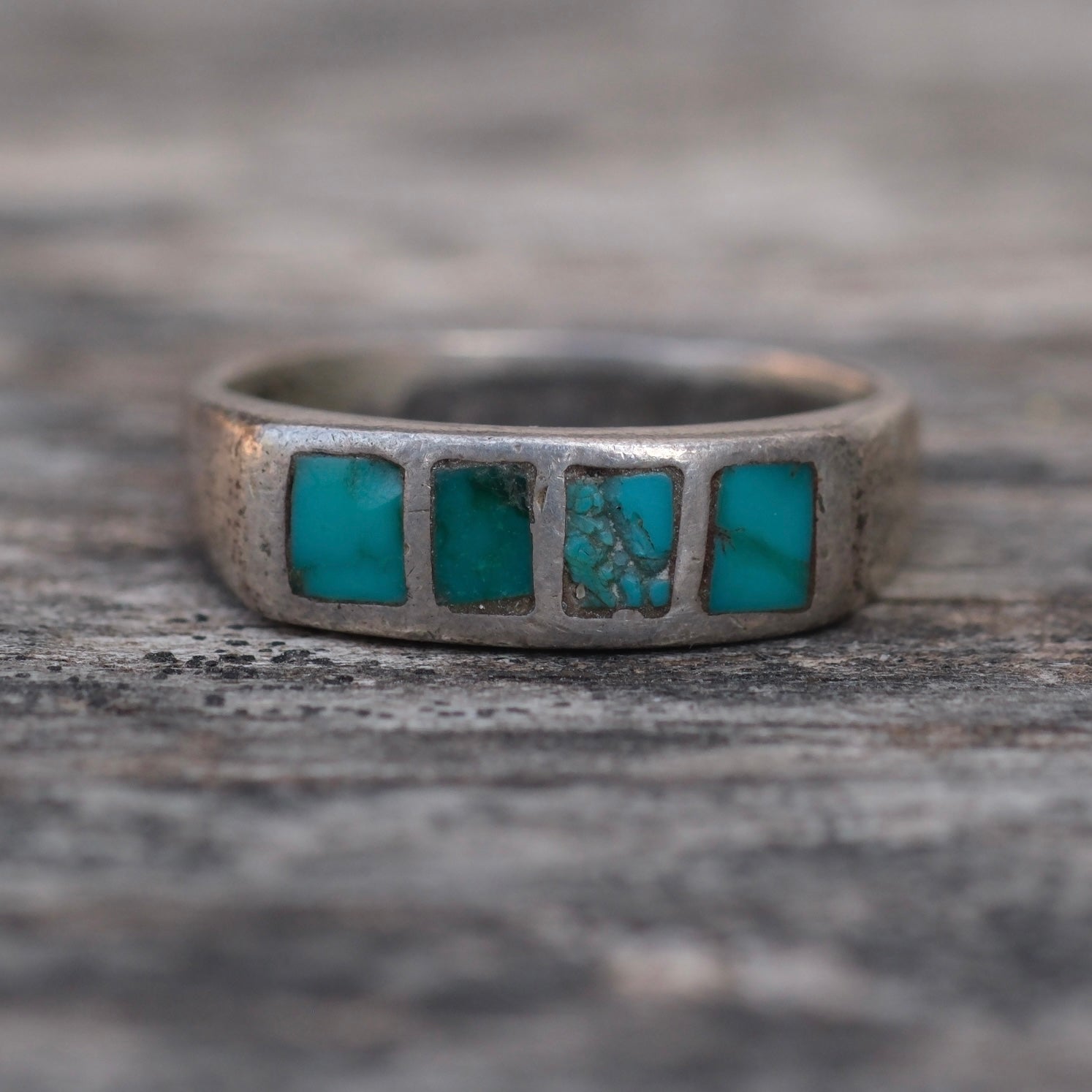 Vintage Sterling Turquoise Inlay Band Ring 8.25