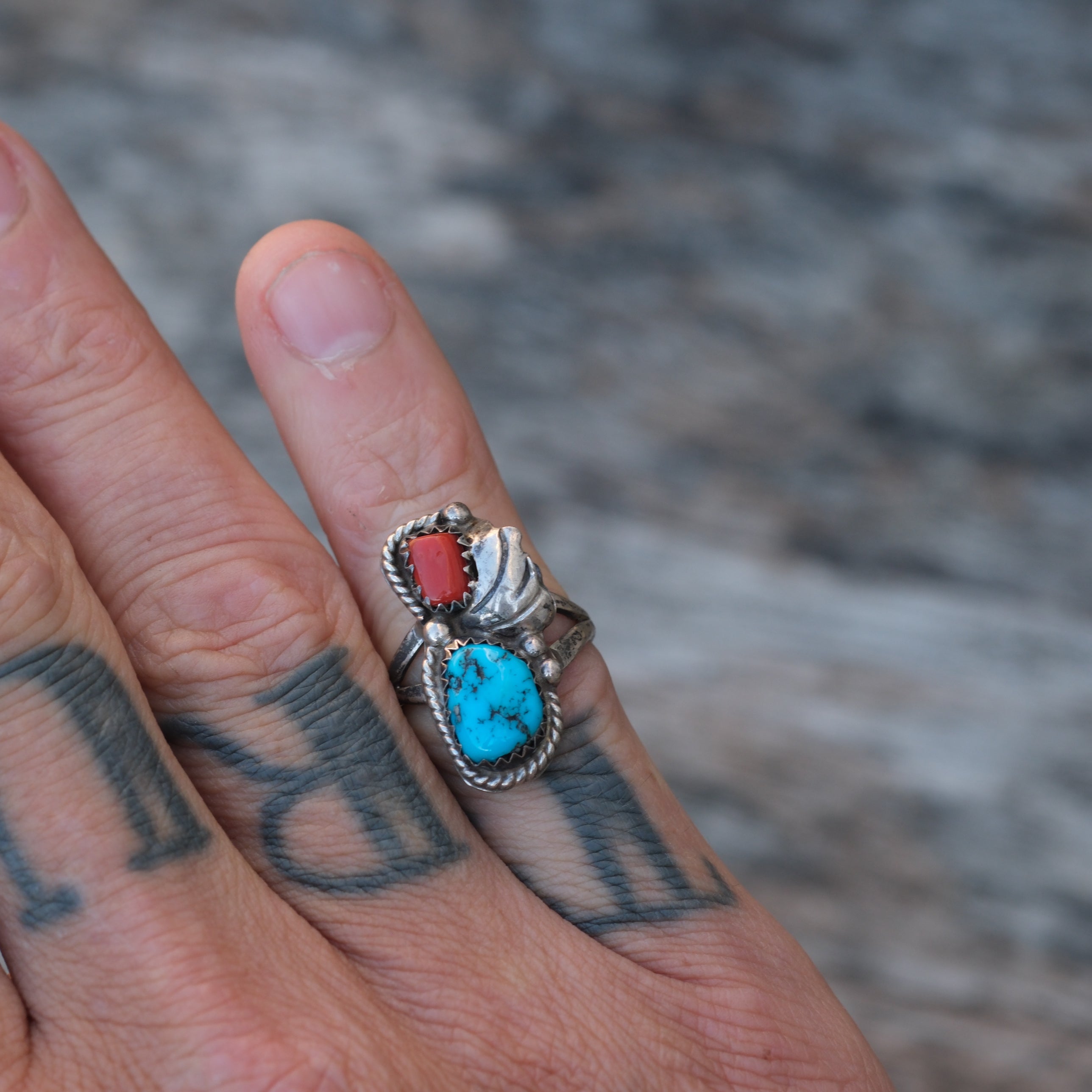 Vintage Sterling Turquoise and Coral Feather Ring 5.75