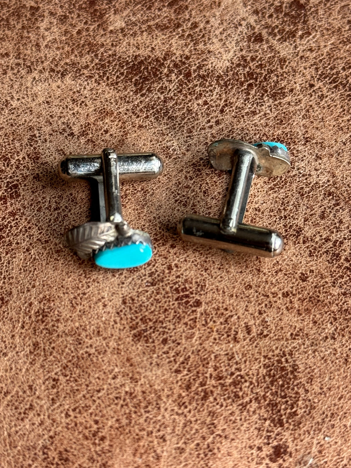 Vintage Sterling Silver Turquoise Leaf Cufflinks