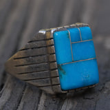 Vintage Sterling Turquoise Inlay Ribbed Band Ring 11