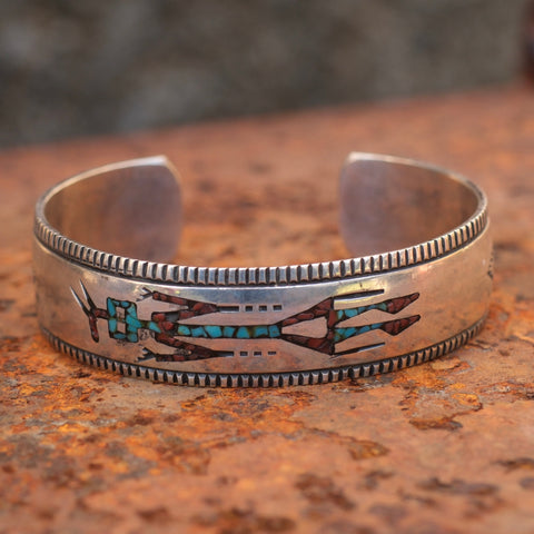 Vintage Sterling Crushed Turquoise and Coral Yei Cuff Bracelet