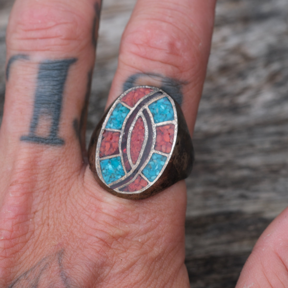 Vintage Sterling Turquoise and Coral Inlay Ring 11.75