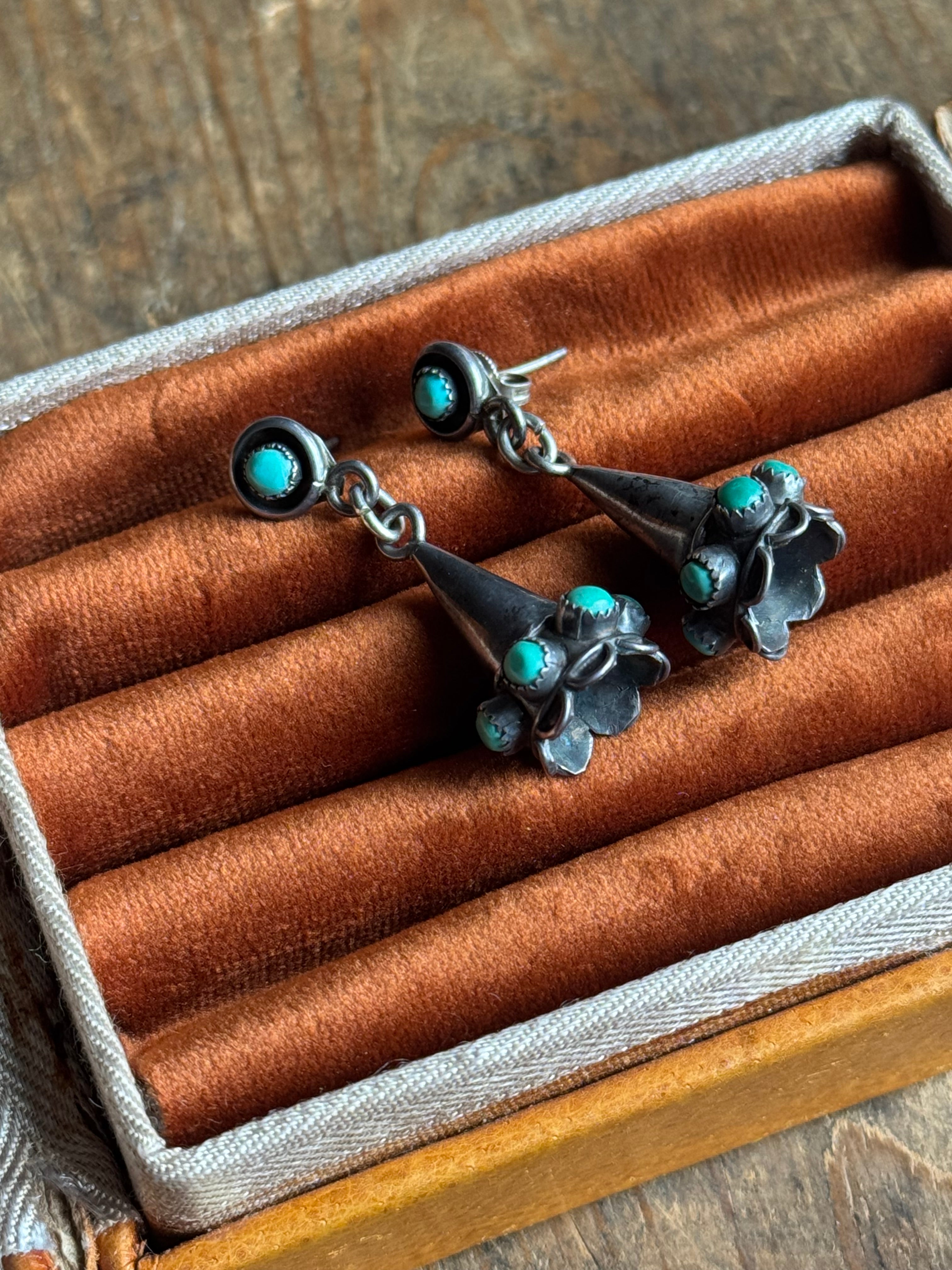 Vintage Sterling Silver Turquoise Snake Eye Bell Earrings