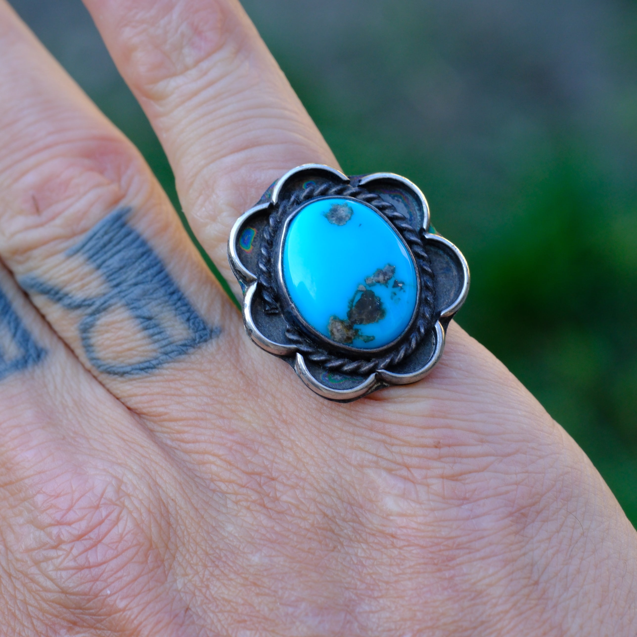 Vintage Sterling Turquoise Florette Ring 7.25