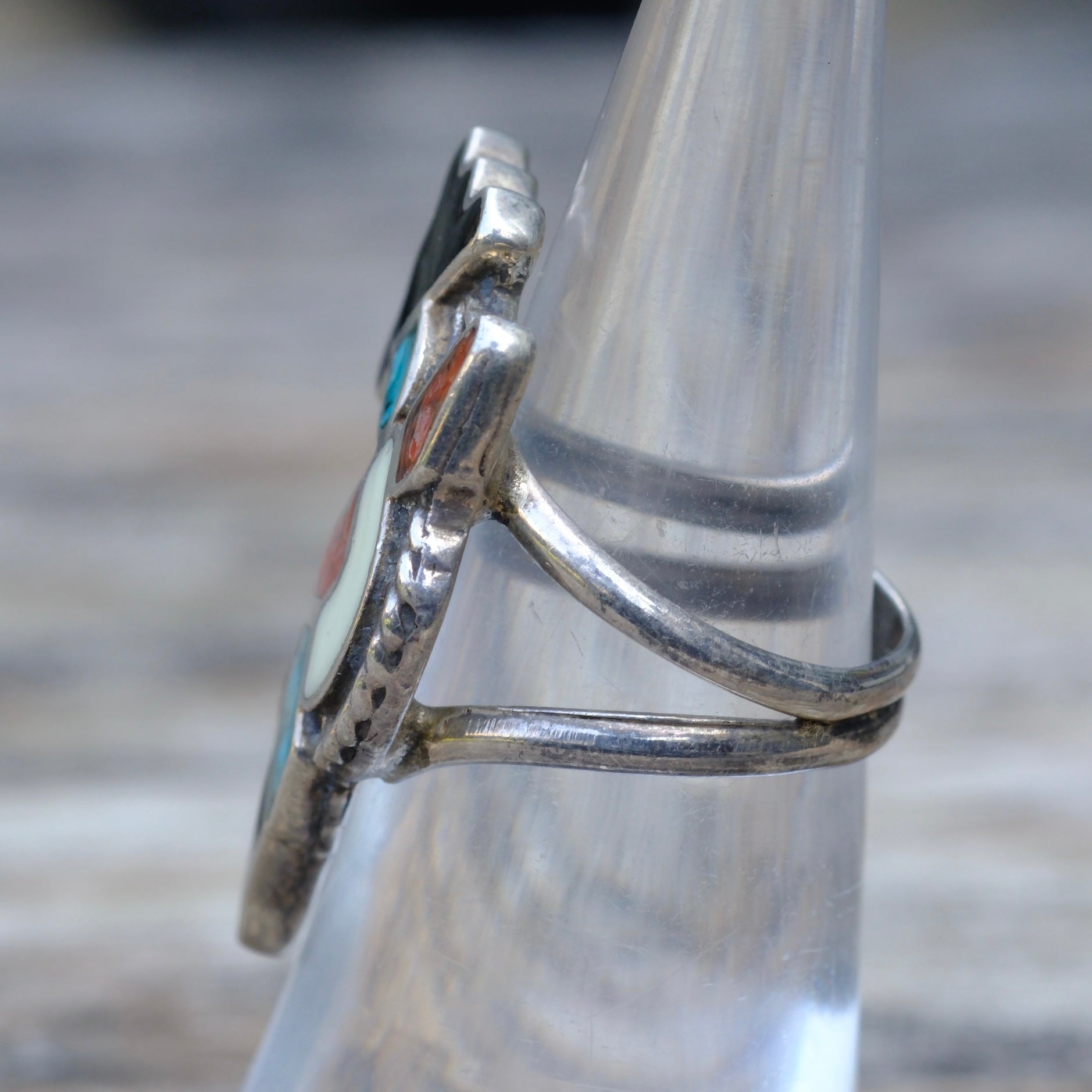 Vintage Sterling Multi Stone Inlay Dancer Ring 5.5