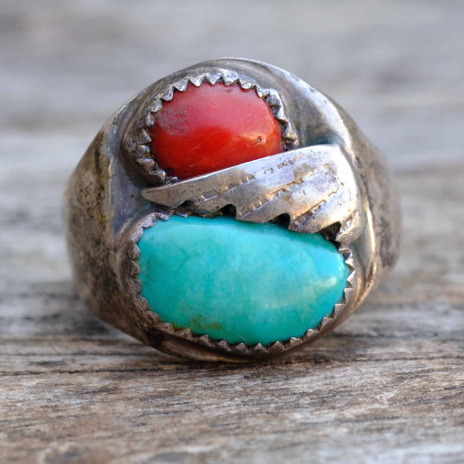 Vintage STerling Turquoise and Coral Feather Ring 9