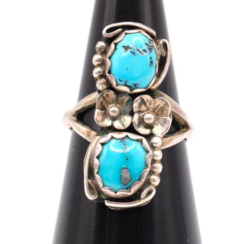 Vintage Sterling 2-Stone Turquoise Blossom Ring 5.75