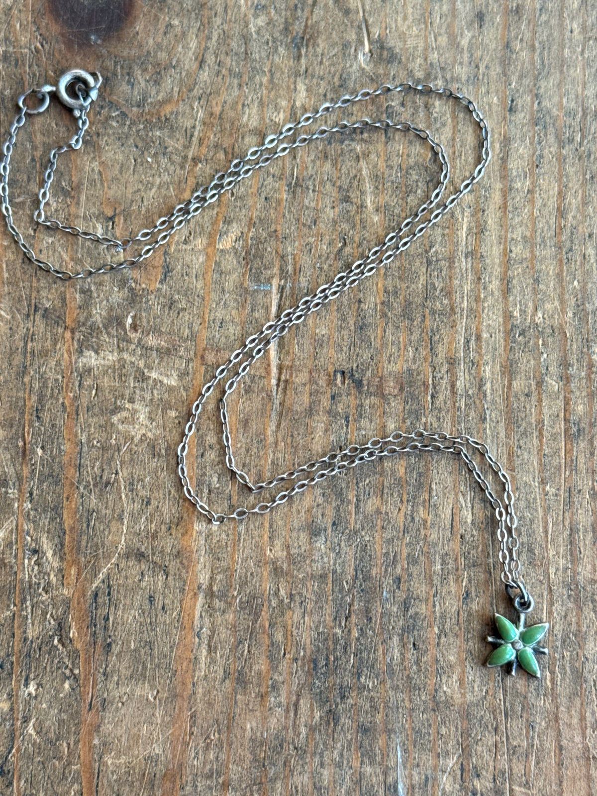 Vintage Sterling Silver Green Enamel Flower Necklace
