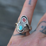 Vintage Sterling Turquoise and Coral Snake Ring 7.25