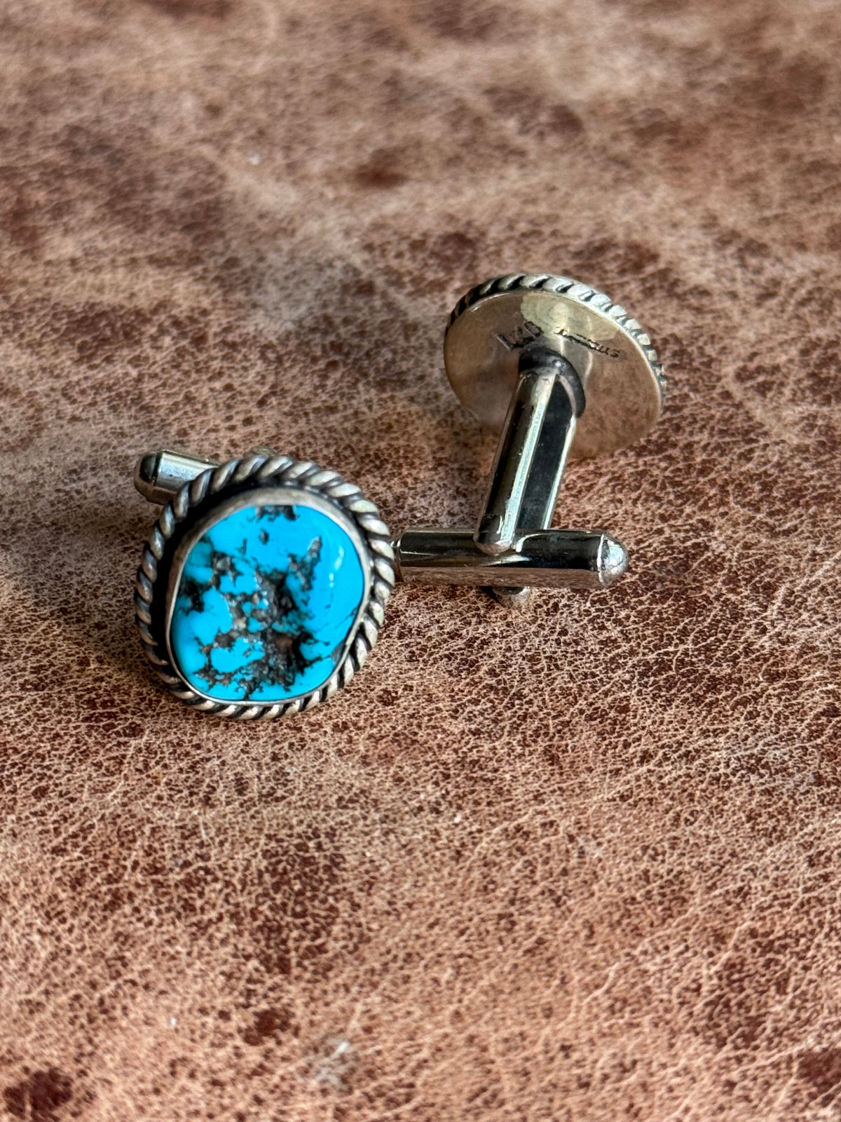 Vintage Sterling Silver Roped Turquoise Cufflinks