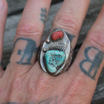 Vintage Sterling Turquoise and Coral Feather Ring 11.75