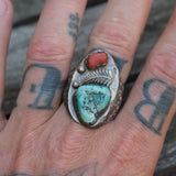 Vintage Sterling Turquoise and Coral Feather Ring 11.75
