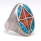 Vintage Sterling Turquoise and Coral Inlay Ring 8