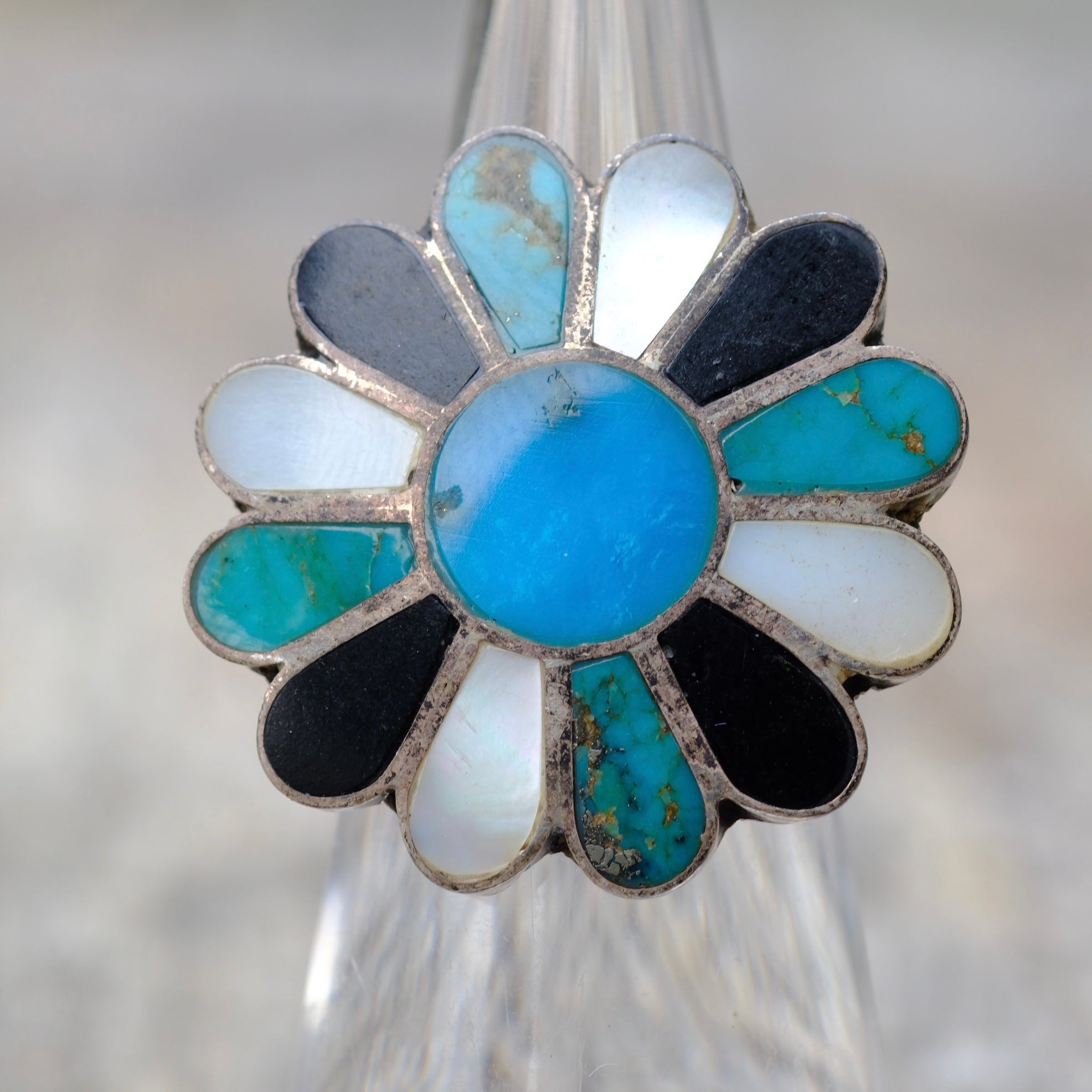 Vintage Sterling Multistone Inlay Flower Ring 4.5