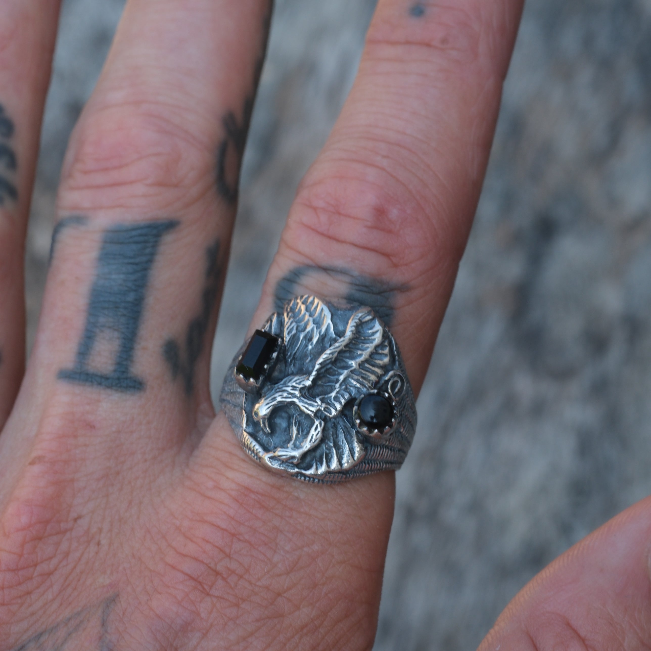 Vintage Sterling Onyx Eagle Ring 10.75