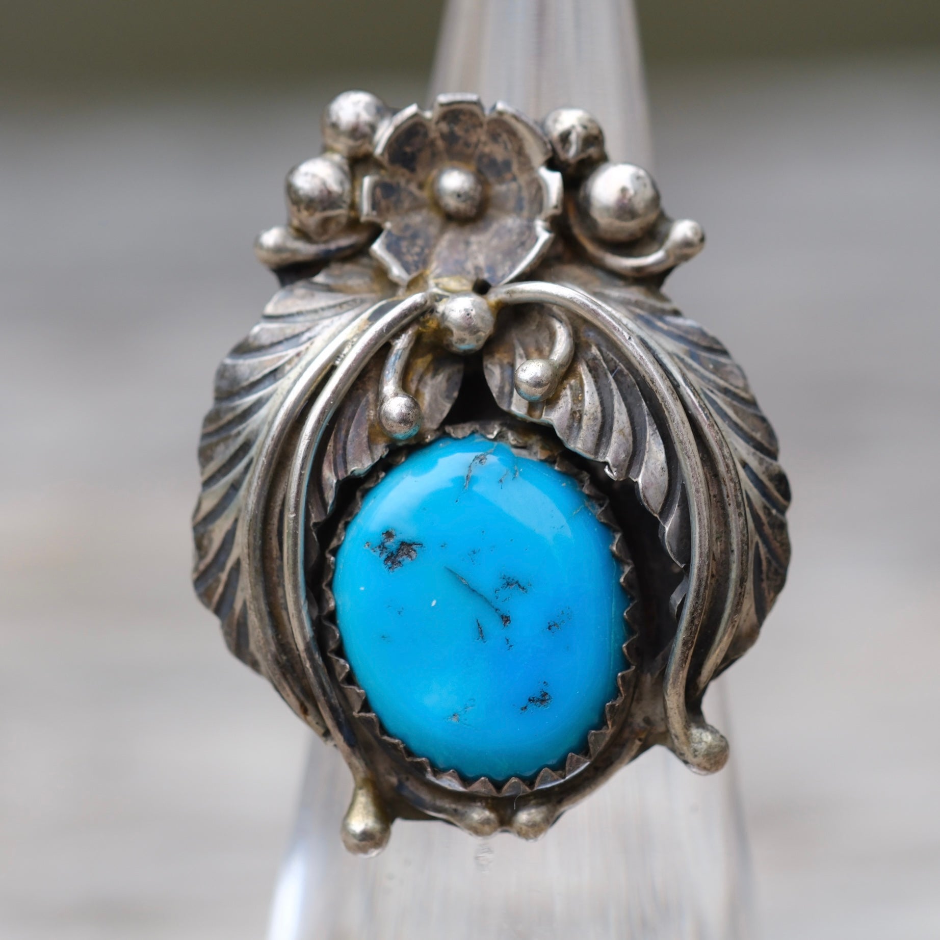Vintage Sterling Turquoise Feather Ring 6.25