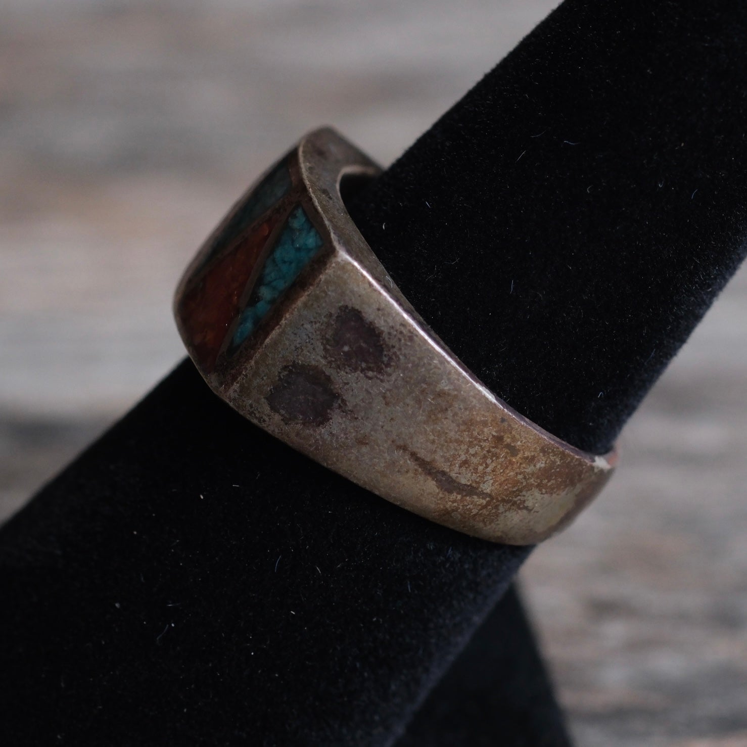 Vintage Sterling Turquoise and Coral Inlay Ring 7