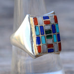 Vintage Sterling Multistone Inlay Panel Ring 8.5