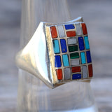 Vintage Sterling Multistone Inlay Panel Ring 8.5