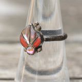 Vintage Sterling Coral and Abalone Inlay Ring 6.5