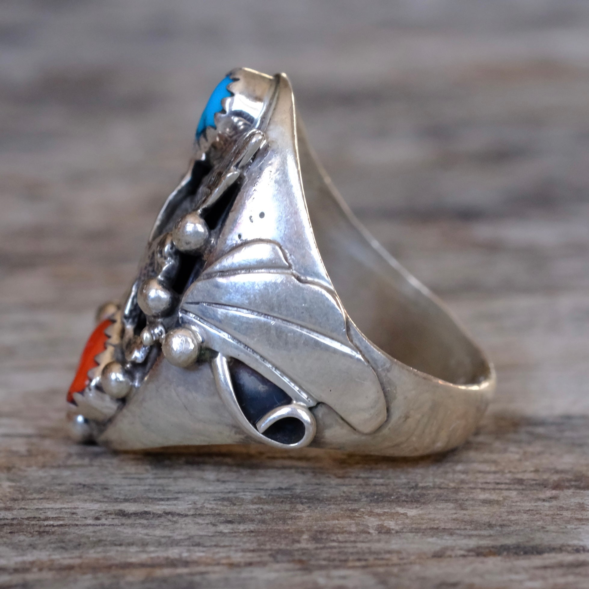 Vintage Sterling Turquoise and Coral Eagle Ring 9.5
