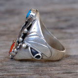 Vintage Sterling Turquoise and Coral Eagle Ring 9.5