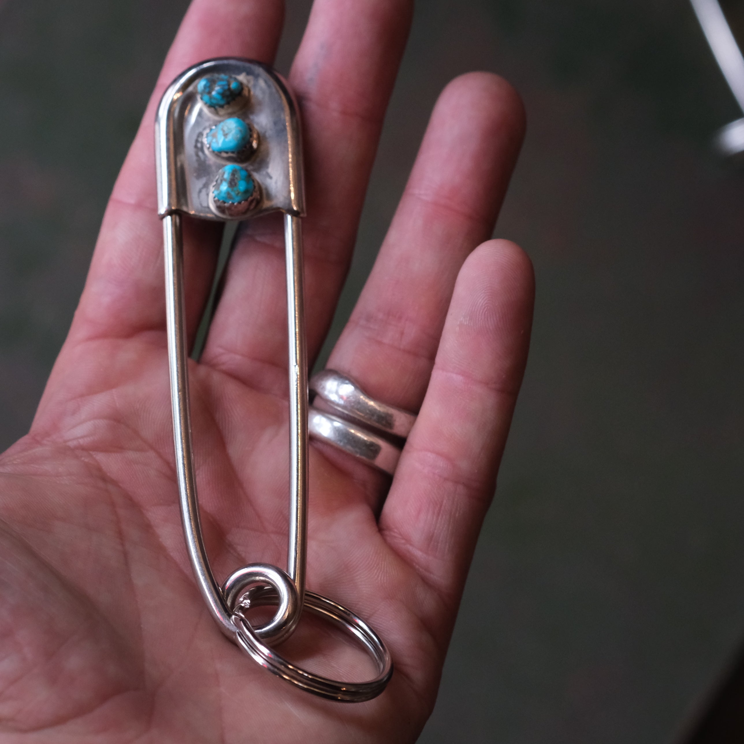 Vintage 3-Stone Turquoise Safety Pin Keychain 4"